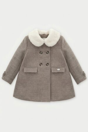 Abrigo para bebé niña en color gris de la marca Martin Aranda, perfecto para fiestas y paseos diarios.