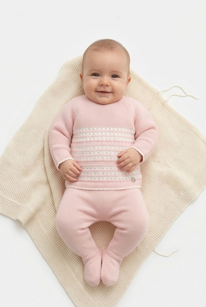Conjunto Bebé Jubon y Polaina Rosa Crudo Paz Rodriguez 103-103773 Conjunto de primera puesta para bebé con jubón y polaina en azul y crudo de la marca Paz Rodríguez, ideal para el hospital.